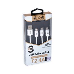 Exe 2.4A Output Lightning / Type C / Micro USB Uçlu Şarj Kablosu