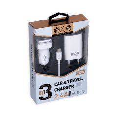 EXE  3in 1A Çift USB Araç ve Ev Şarj Aleti Seti Lıghtnin Kablolu