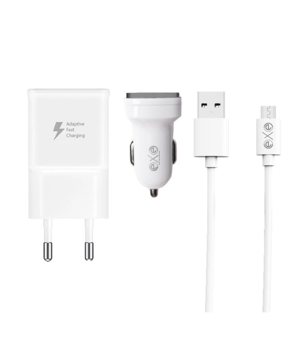 EXE 3 in 1 Çift USB Araç ve Ev Şarj Aleti Seti Micro USB Kablolu