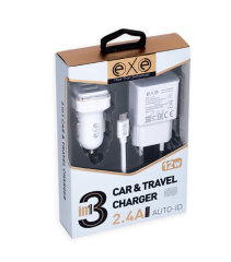 EXE 3 in 1 Çift USB Araç ve Ev Şarj Aleti Seti Micro USB Kablolu