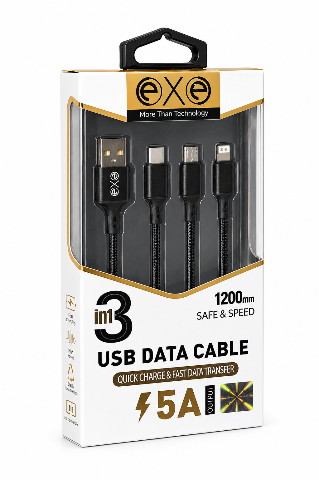 EXE 3'ü 1 Arada Hızlı Şarj ve Data Kablosu 5A 1.2 Metre Örgülü