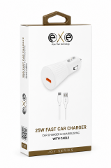 EXE 25W Hızlı Araç Şarj Adaptörü Type-C Kablolu Araç Şarj Seti